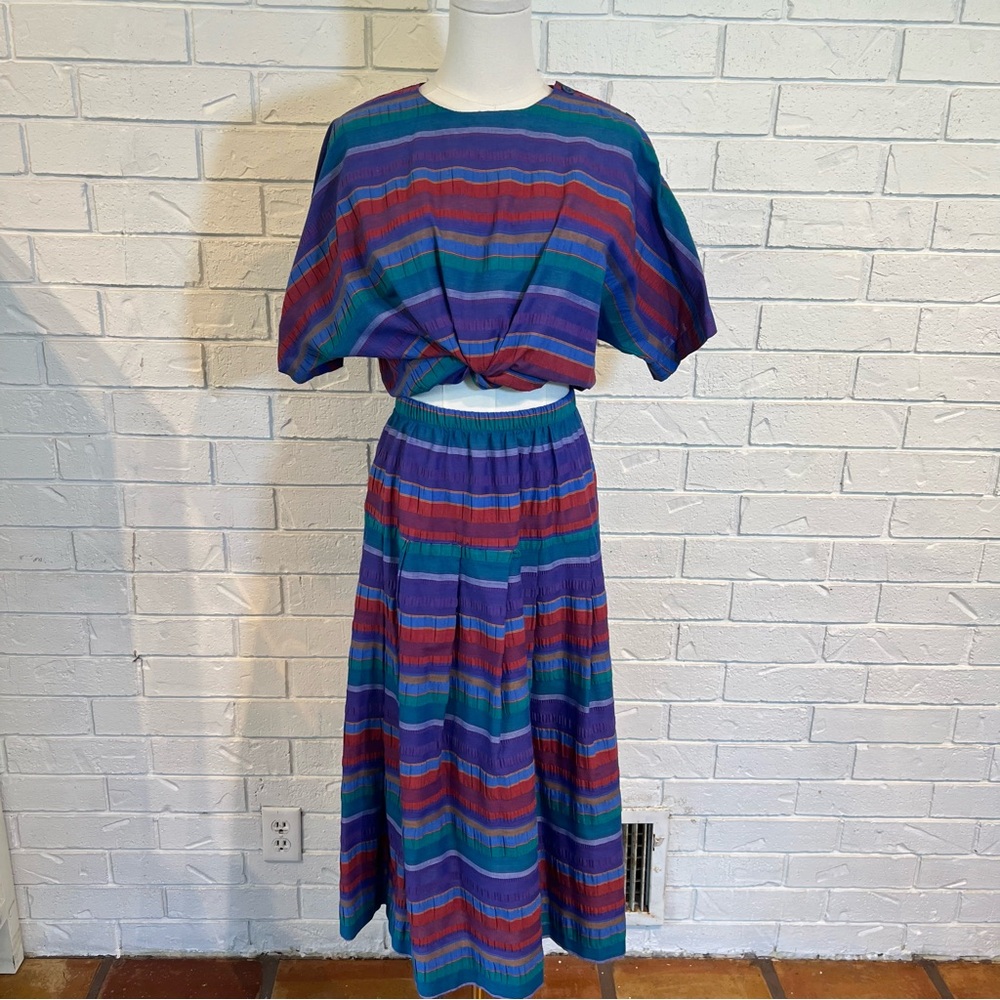 Vintage 80s 90s Folio Fire Islander Striped Skirt and Shirt Set Womens M